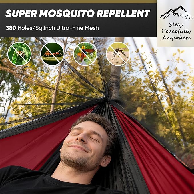 Camping Hammock with Mosquito Net 600 lbs Portable Hammock with Tree Straps2-in-1 Double/Single Travel hammocks Tent for Outside/Indoor/Backpacking/Beach-Black&ampRed