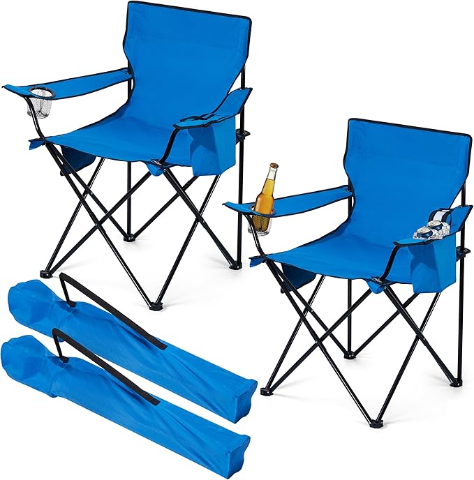 HaSteeL Camping Chair for Adults 2Pcs Large Folding Beach Chairs with Carrying Bag Portable for Outdoor Patio Picnic Lawn Hiking Fishing Travel Cooler/Cup Holder/Storage Pocket (Blue)