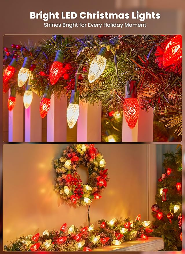 C9 LED Christmas String Lights Outdoor 26 Feet 20 LED Christmas Pathway Lights with 20 Plastic Stakes Connectable Waterproof for Driveways Xmas Holiday Patio Decoration Red and Warm White