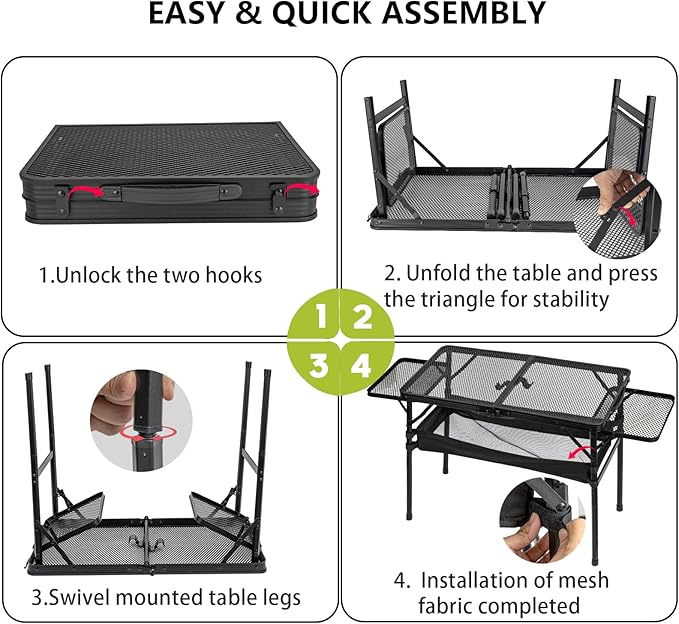 Portable Folding Grill Table Lightweight Height AdjustableCamping Picnic Table with Mesh Desktop and Mesh Bag for Outdoor for PicnicCampingBBQBeach (3.8 * 1.3FT)