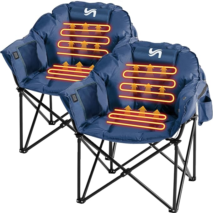 Slsy Oversized Heated Camping Chairs 2-Pack Heated Folding Moon Chairs with 3 Heat Levels Heavy Duty Portable Lawn Chairs for Outdoor Patio Picnic and Lounge