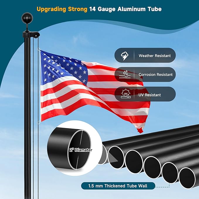 20FT Sectional Flag Pole Kit for Outside in Ground 14 Gauge Extra Thick Heavy Duty Aluminum Outdoor Flagpole for Residential or Commercial Flag Included