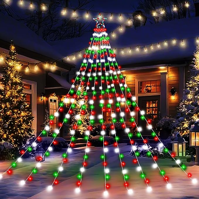 Outdoor Christmas Decorations String Lights 320 LED 11.5 Ft Waterfall Tree Lights with Star Topper 8 Lighting Modes Christmas Light for Indoor Outdoor Yard Home Festival Xmas New Year Decor