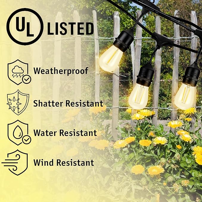 Holiday Lighting Outlet LED Outdoor Patio Lights | 46-Foot Hanging Outdoor String Lights | Includes 16 Dimmable 1.5 Watt Edison Filament Bulb Cafe Lights | Weatherproof Commercial Grade