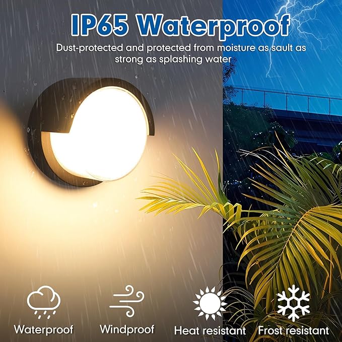 Aiwewin 1 Pack Outdoor Wall Sconces 6 Inch Modern Round LED Exterior Light Fixtures 1200LM 3CCT Selectable (3000K/4000K/6000K) IP65 Waterproof Black Aluminum Porch Lights for Garage House Garden