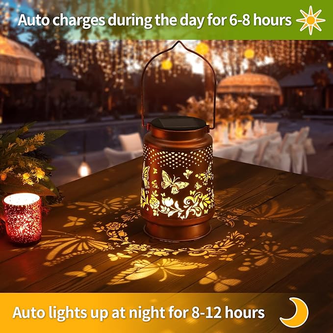 Solar Lanterns Outdoor Waterproof Butterfly Garden Decor Birthday Gifts for Women Mom Grandma Hanging Solar Lights Metal Lantern Decoration Outside for Yard Patio Backyard Porch