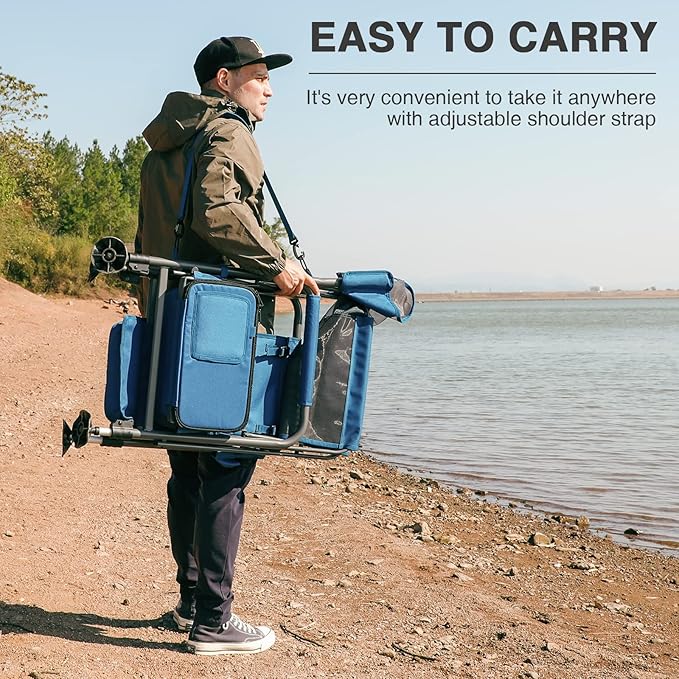 EVER ADVANCED Fishing Chair with Rod Holder and Cooler All Terrain Ice Fishing Chair with Adjustable Feet Mesh Back Folding Camping Chair with Shoulder Strap Heavy Duty Supports 350LBS