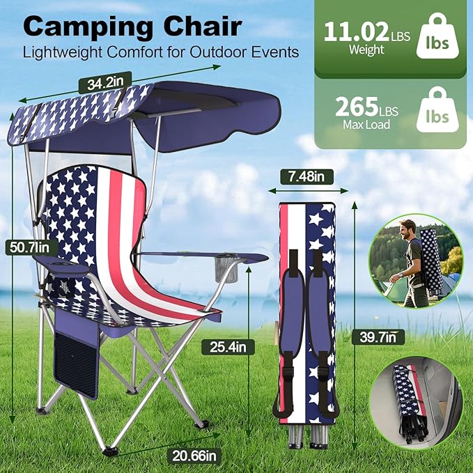 Portable Camping Chair with Canopy - Folding Chair with Canopy Durable 600D Oxford Canopy Chair for Camping Beach Picnics Fishing &amp Sports