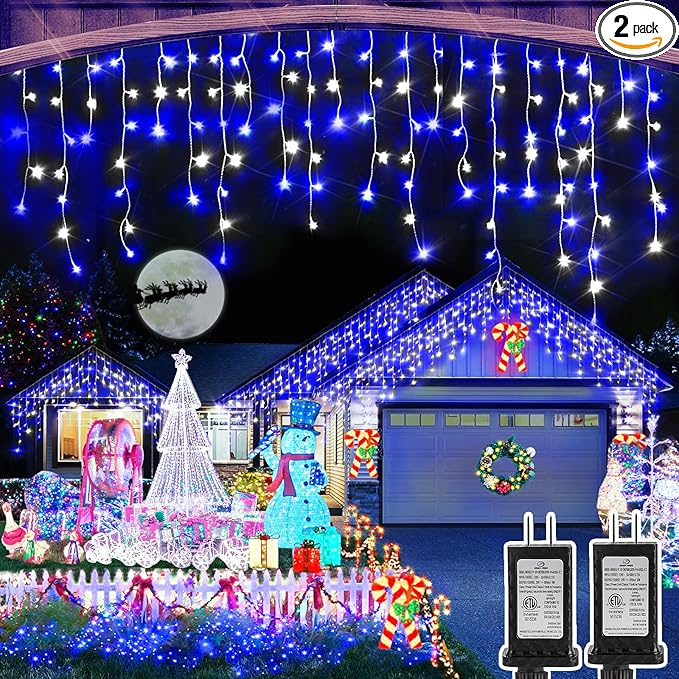 Christmas Lights Outdoor 2 Pack Total 98FT 960 LED Ice Lights for Outside with 180 Drops 8 Modes Timer Memory Plug in Waterproof for Holiday Eaves Yard Roof Party Decor (Blue and Cool White)