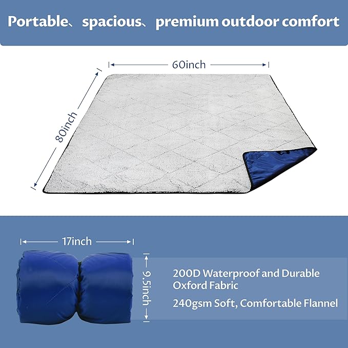 Tirrinia Waterproof Outdoor Blanket with Sherpa Lining Windproof Triple Layers Warm Comfy Foldable for Camping Stadium Beach Picnic Grass Concerts Car Dog 51''X 59'' &amp 59''X 80''
