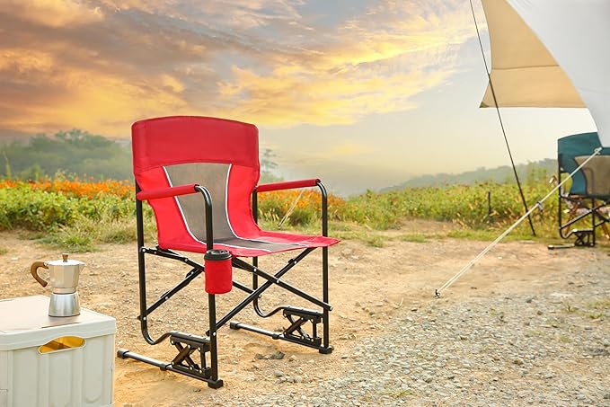 Outdoor Freestyle Rocker Camping Chair Portable Folding Rocking Chair with Solid Armrests Drink Holder Comfortable Backrest Red