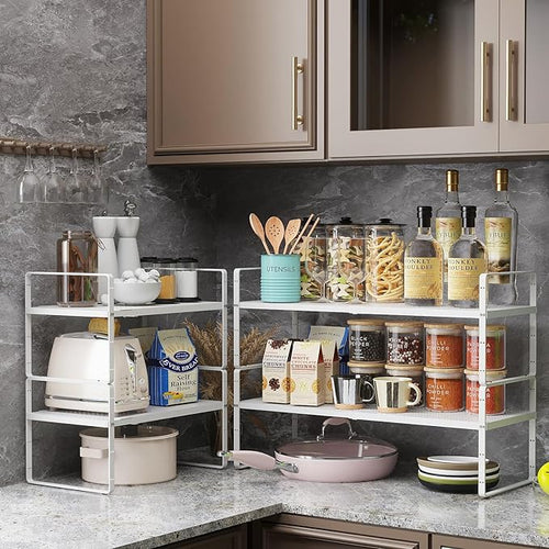 16.5~27.1 Expandable Shelf Organizer 2Pack 8.1 Wide Stackable Cabinet Shelf Organizers White Metal Sturdy Kitchen Counter Storage for Countertop Adjustable Height Spice Rack