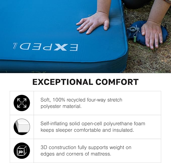Exped DeepSleep Mat Duo Medium - Self Inflating Firm Car Sleeping Mat 3” Foam Pad Pump Included