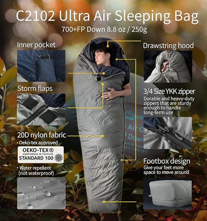 Litume Ultra Compact Down 3 Season Mummy Sleeping Bag 700 Fill Power Sleep Sack for 3 Season Ultra Lightweight Compact and Portable for Hiking Traveling Camping Backpacking Adult Outdoor Durable