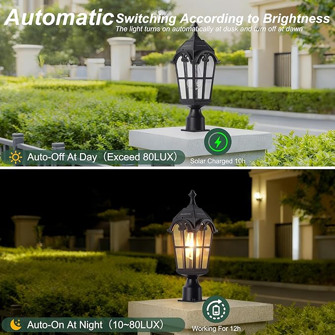 Solar Post Lights Outdoor with Bulb Dusk to Dawn Lamp Posts Outdoor Lighting Waterproof Solar Post Lamp Anti-Rust Exterior Pole Light Outside Pole Lighting for Yard Pathway Driveway Fence -2 Pack