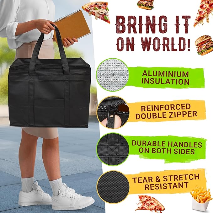 Black Insulated Food Delivery Bag. Insulated Grocery Bags with Zippered Top. Foldable Catering Bag for Food Deliveries. Heavy Duty Cold Bags for Groceries
