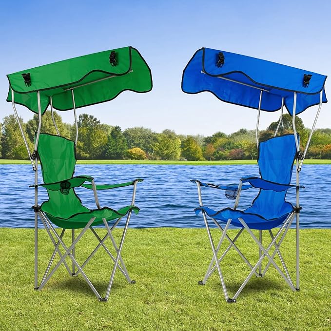 Foldable Beach Canopy Chair Camping Chair Fishing Camp Outdoor Lawn Chair Sun Protection 330LBS Load Folding Camping Canopy Shade Seat with Cup Holder For Beach Poolside Travel Picnic (Green)