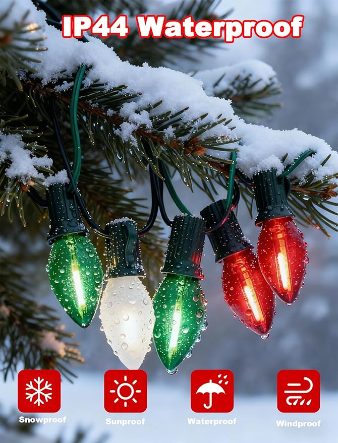 25FT Red Green White Christmas LightsMulticolor LED C7 Christmas String Lights with 27 LED BulbsDimmable Hanging Lights Candle for Outside Porch Garden Roofline Party Decor