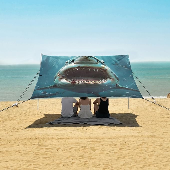 Shark with Opened Mouth Beach Tent Sun Shelter 9.2' x 10.5' Beach Canopy with 4 Sandbags 4 Stability Poles Sand Shovels - Tent Canopy for Beach Camping Fishing Picnics