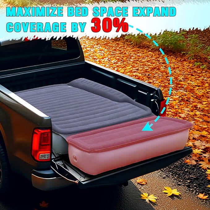 Camping Pickup Truck Bed Air Mattress 5.5-6.5FT Full Size Thickened Self Inflating Outdoor Truck Bed Mattress with Built-in USB Rechargeable Pump and 2 Pillows (84x57x10)