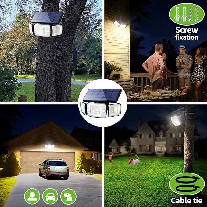 intelamp Solar Outdoor Lights 1200LM 6000mAh Security Lights with Remote Control3 Heads Motion Sensor Light Outdoor IP65 Waterproof270° Wide Angle Flood Wall Lights with 4 Modes