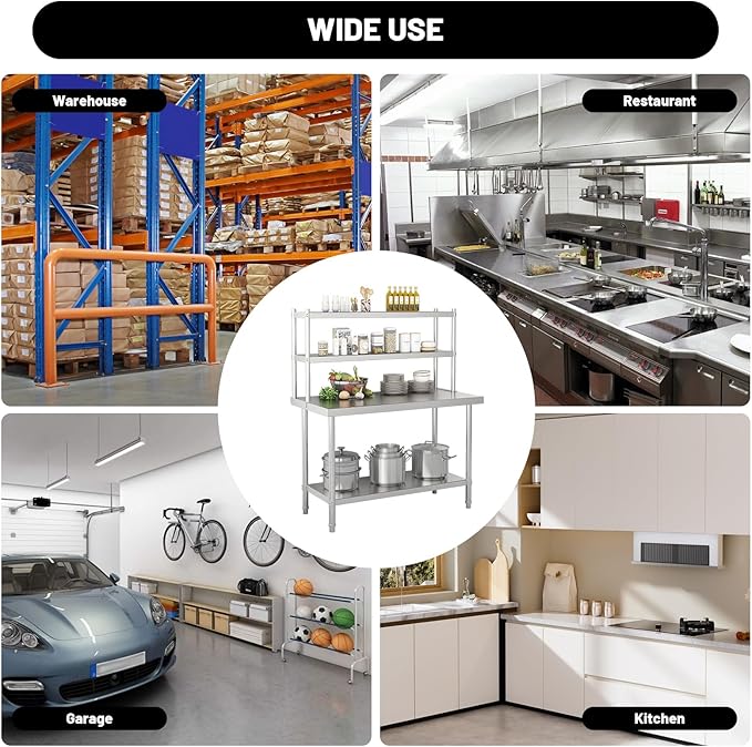 2-Tier Stainless Steel Commercial Work Table 47.2 W x 23.6 D x 31.5 H with Overshelf Heavy Duty Kitchen Prep Table for Restaurant Home Kitchen Garage Warehouse