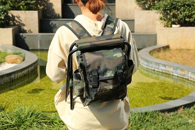 UNISTRENGH Foldable Camping Chair Backpack Stool with Cooler Insulated Picnic Bag for Outdoor Indoor Fishing Travel Beach BBQ (Camouflage)