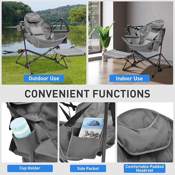Ainfox Hammock Camping Chair with Footrest Heavy Duty Foldable Portable Rocking Hammock Chairs Outside Swinging Camp with Cup Holder Pillow for Outdoor Patio Poolside Grey Blue