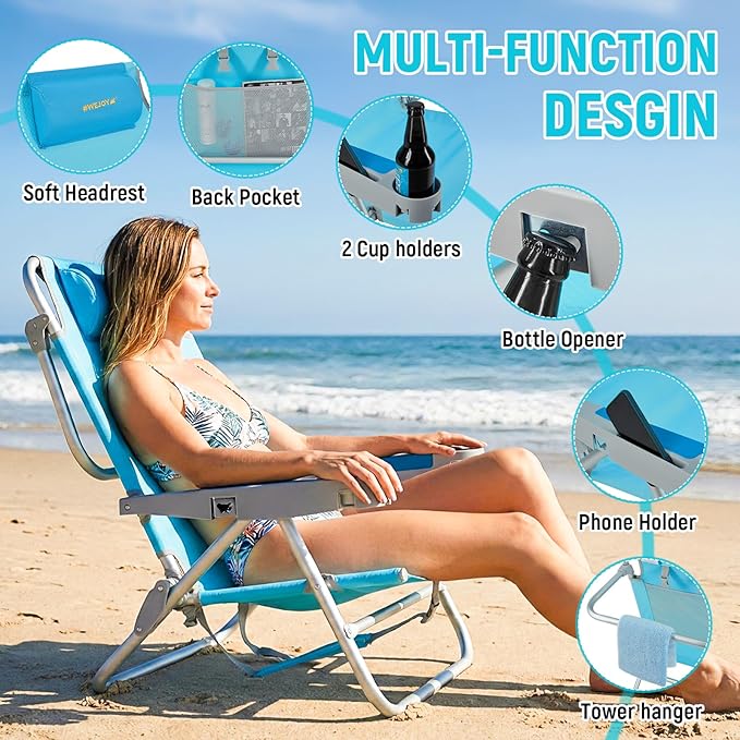 #WEJOY Extra Wide Beach Chairs for AdultsReclining 5 Adjustable Position Folding Beach Chairs with Cup Holder Lightweight Aluminum Backpack Beach Chair with Padded headrest500 LBS Heavy Duty