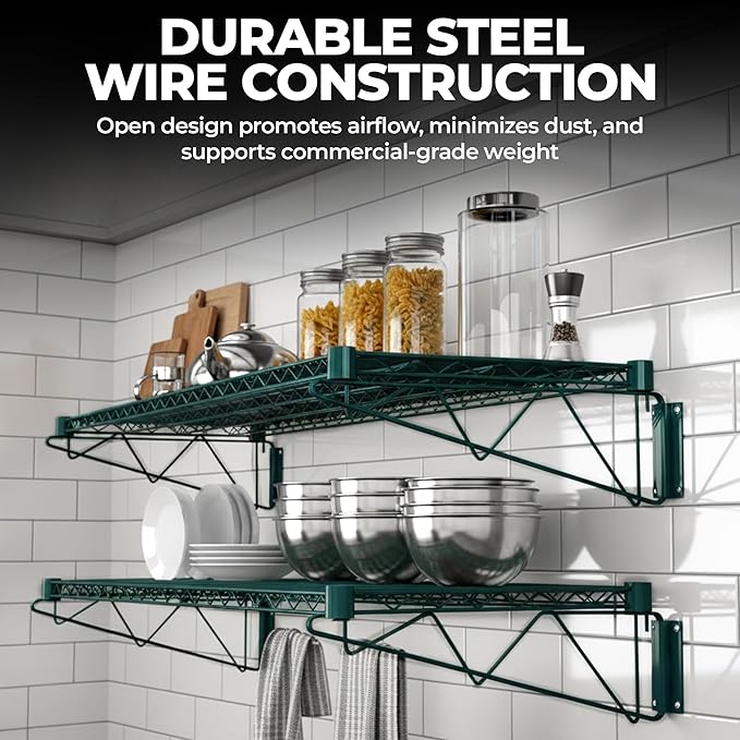 Premium Epoxy Green Wire Wall Shelf | NSF Certified | Heavy-Duty Wall-Mounted Storage Rack for Kitchen Utility &amp Food Service (24 x 54)