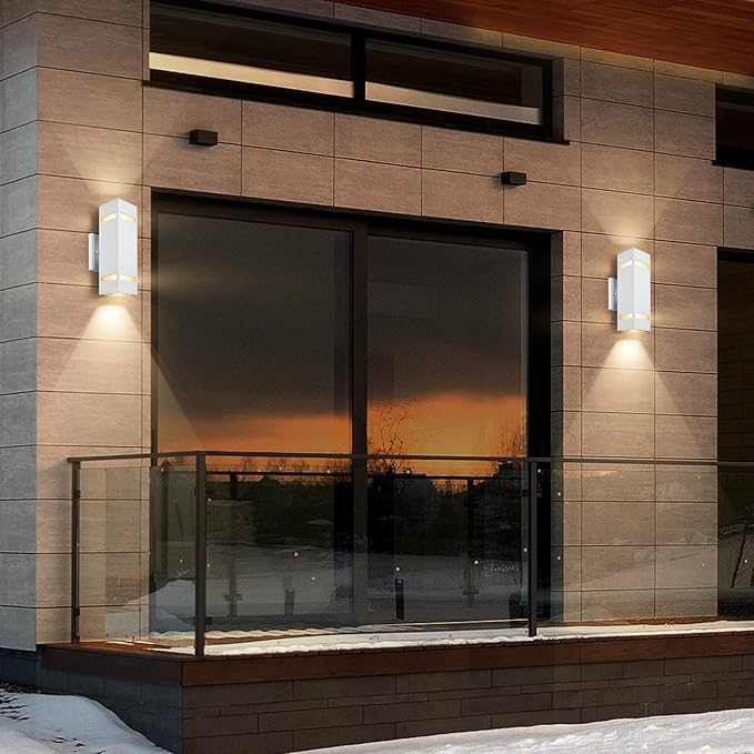 Aluminum Modern Outdoor Wall Lights Exterior Up Down Lighting Square Cylinder Porch Wall Lantern for Entryway Front Door Hallway Garden Matte White Finish [UL Listed]