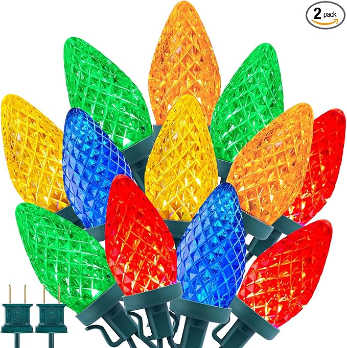 Brightown C9 LED Christmas String Lights 2 Pack Total 132ft 200LED Multi-Color Outdoor Lights String Plug-in Connectable Roofline Lights String for Outside Yard Christmas Holiday Decor
