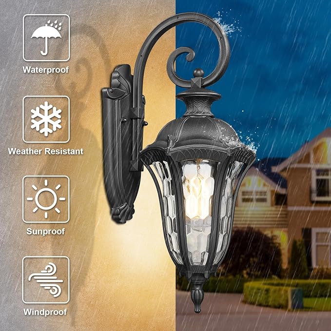 Outdoor Lights Fixtures Wall Mount Outdoor Sconce Lighting Anti-Rust Exterior Porch Light Waterproof Aluminum Outside Lamp with Water Ripple Glass for Home Garden Patio Garage