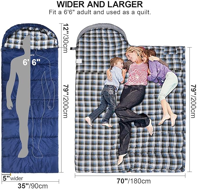 REDCAMP XL 32/41/50F Comfortable Cotton Flannel Sleeping Bag for Adults Envelope with Compression Sack Navy Blue 4lbs Filling (91 x35'')