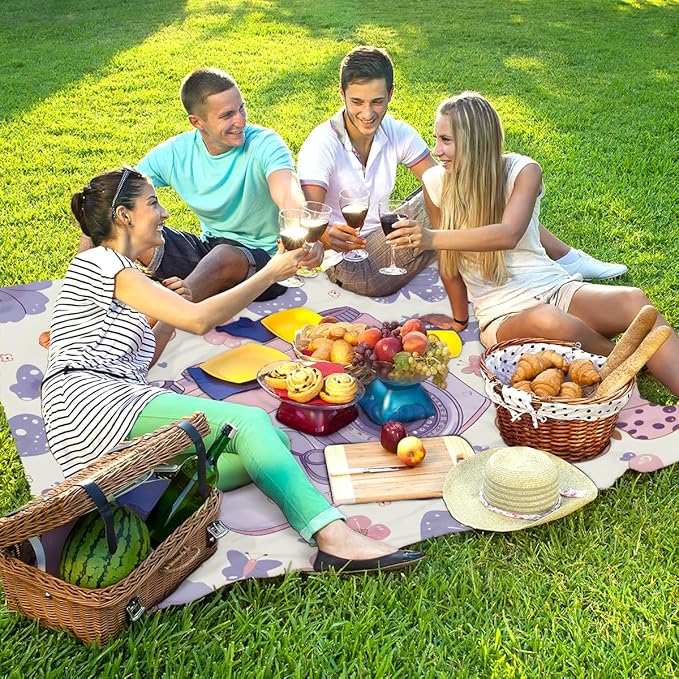 Waterproof Sandproof Beach Blanket 59''×68'' Camera Polyester Outdoor Picnic Blanket with 4 Stakes &amp Storage Bag for BeachCampingVacation Butterflies