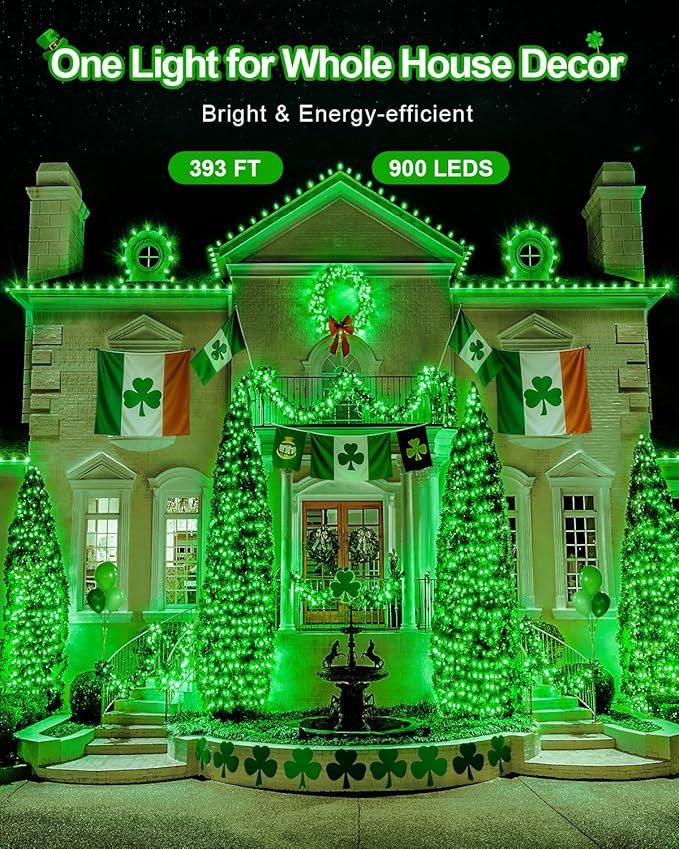 St Patricks Day Decorations 355 FT 900 LED Green Lights Extra Long Outdoor String Lights Waterproof Timer &amp Memory 8 Modes Dimmable Plug in Fairy for Outside Tree Patrick's Day Decor