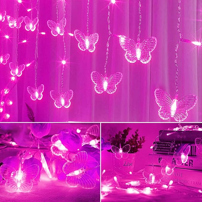 Butterfly Curtain Fairy Lights USB Plug in120 LED 8 Modes 20FT Firefly Twinkle Icicle String Lights with Remote Timer Waterproof Copper Wire for Bedroom Patio Christmas Wedding Party Dorm(Pink)