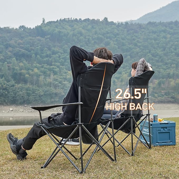 EVER ADVANCED Folding Camping Chair with High Back Padded 2 Pack Oversized Portable Lawn Chairs Lightweight Sturdy Steel Foldable Outdoor Camp Chair for Adults Black