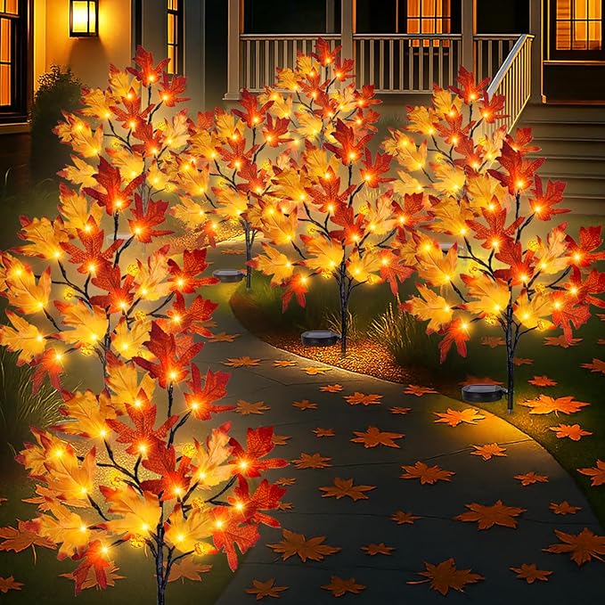Fall Solar Pathway Lights 8PCS Autumn Outdoor Harvest Decorations Waterproof Maple Leaves Lights for Lawn Yard Garden Patio Walkway Driveway Landscape Lighting Auto On/Off