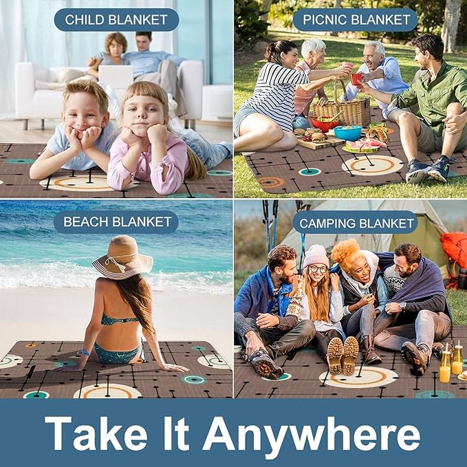 Modern Mid Century Seamless Abstract Pattern Waterproof Outdoor Picnic Blanket Sandproof Beach Mat for Camping Hiking Grass Travelling