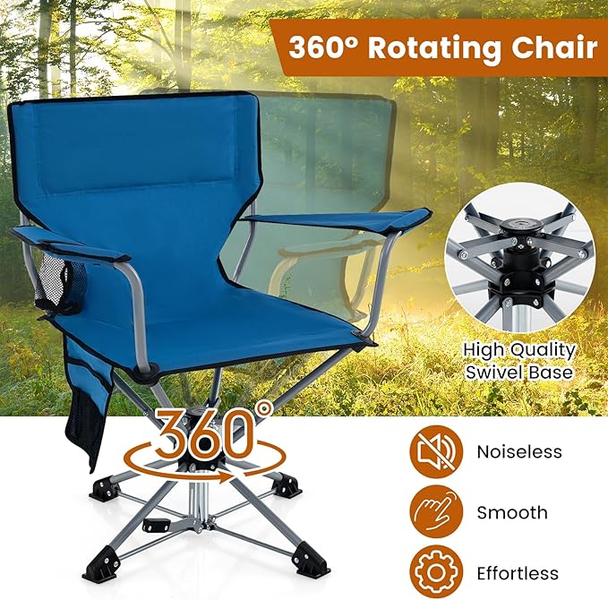 Tangkula Swivel Camping Chair Portable Lawn Chair with Cup Holder Storage Pocket Carrying Bag Lightweight Outdoor Folding Chair for Outside Camp Fishing Hiking Beach No Assembly Needed