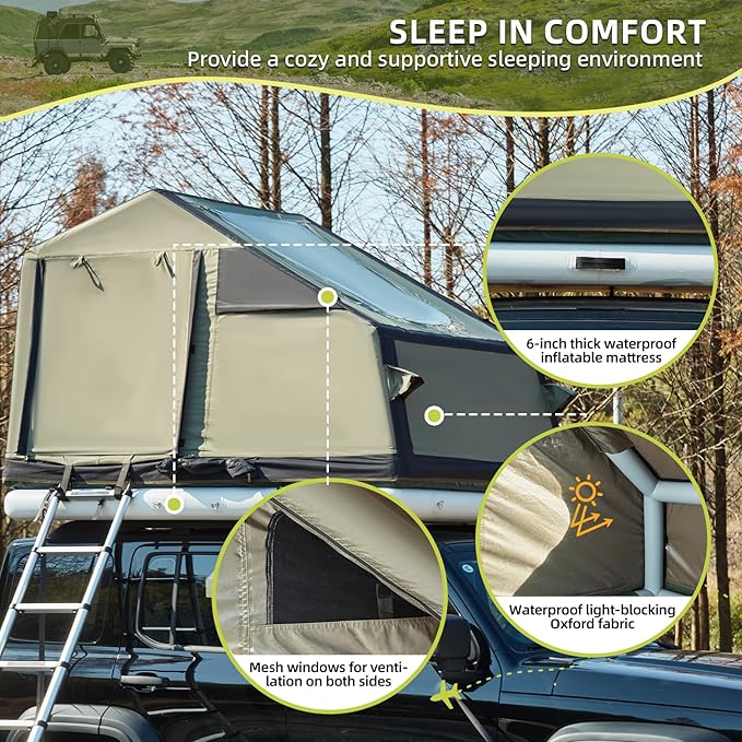 YOLENY Inflatable Camping Tent with Air Cushion Extended Canopy 2 TPU Skylight &amp Telescopic Ladder Roof-Top Compatible Blow Up Tent Waterproof Full Dull Poly Textured Oxford for 4 Season Use
