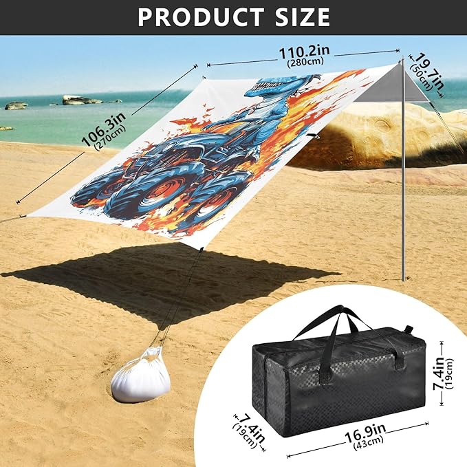 ALAZA Dinosaur Monster Truck Beach Tent Sun Shelter UPF50+ Protection Beach Shade Canopy w/ 4 Sandbags for Outdoor Camping Fishing Backyard Fun Picnic 10x9 ft