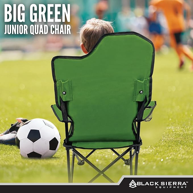 Black Sierra Folding-Lawn Chair for Camping Beach Backyard Sporting Events. for Kids Ages 3-10. Comes with Cup Holder and Carry Bag. Portable-Chair for Travel Supports 150 Lbs. (Big Green)