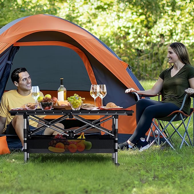 GARLLEN Folding Camping Table 2-Height Adjustable Portable Roll-up Camping Table with Storage Net Lightweight Aluminum Picnic Table with Carrying Bag for Cooking BBQ Outdoor 32.2 L x 15.7 W