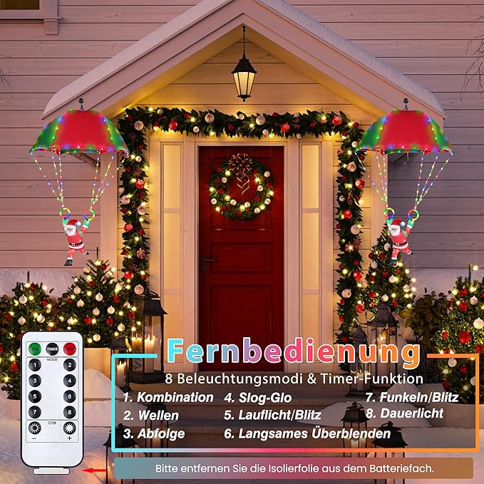 Toodour LED Christmas Lights 2.8ft x 1.8ft Foldable Parachute Lights with Santa Claus 8 Mode Remote Waterproof Battery Powered Multicolor Holiday Decorative Light for Indoor Outdoor Xmas Decor