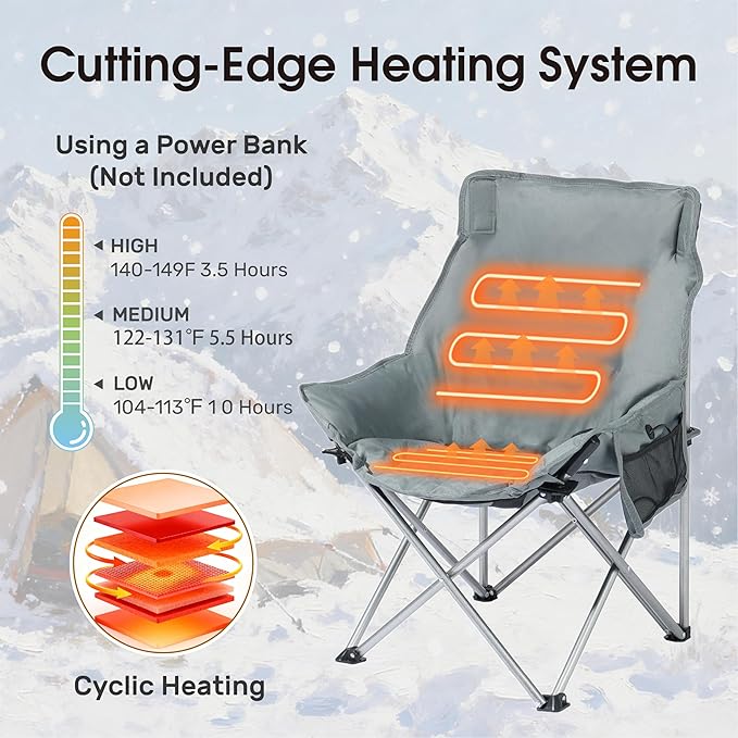SunSettler Heated Camping Chair Oversized Heated Outdoor Chairs for Adults with 3 Heat Levels Portable Folding Padded Chair for Camp Lawn Sports (Battery NOT Included) (Grey Small)