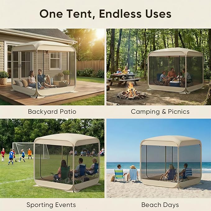 TABU Pop Up Screen House Tent 6x6 FT Screen Room Canopy with Mosquito Mesh Instant UV Resistant Shelter with Carry Bag for 2-4 Person Backyard Sports Hiking Beige