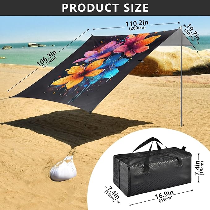 Watercolor Flower Design Beach Tent Sun Shelter 9.2' x 10.5' Beach Canopy with 4 Sandbags 4 Stability Poles Sand Shovels - Tent Canopy for Beach Camping Fishing Picnics