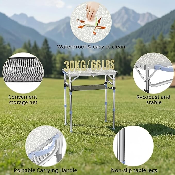 Small Folding Table Portable 2ft Camping Pinic Table with 3 Adjustable Height Aluminum Foldable Lightweight Patio Side Table with Carry Handle for Outdoor Indoor Hiking Camp BBQ Beach (White)